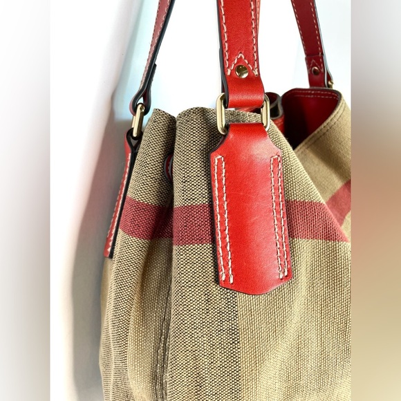 Burberry Maidstone Large Check Canvas Tote Bag Red Leather Trim - Picture 6 of 16